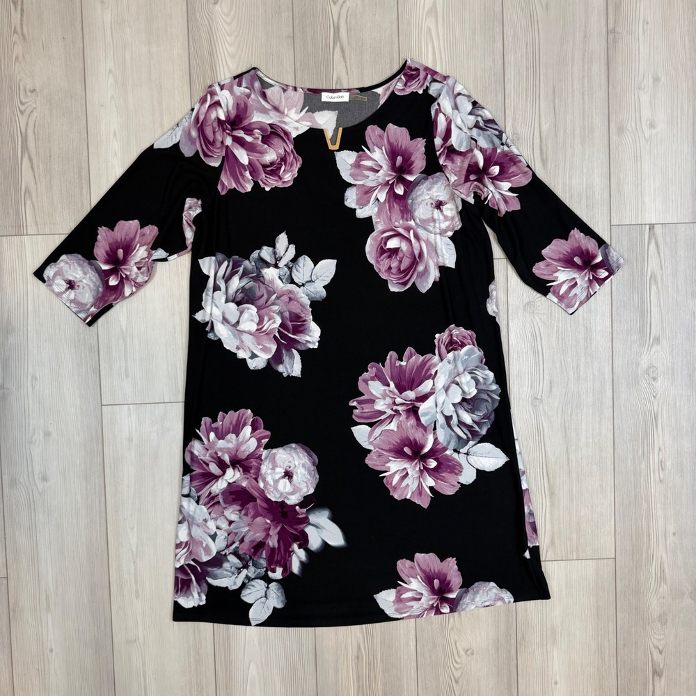Calvin Klein Womens Floral Shift‎ Dress Black Purple Gold Hardware W8HDZ095